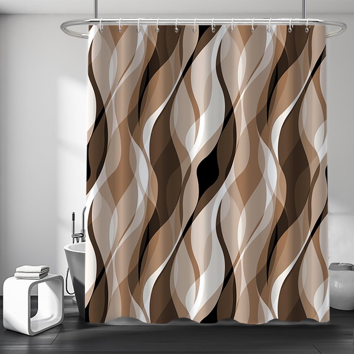 Brown Shower Curtain, Modern Abstract Grey and Brown Striped Shower Curtain Set for Bathroom Waterproof Tan Shower Curtain with Hooks, 72x72 Inch