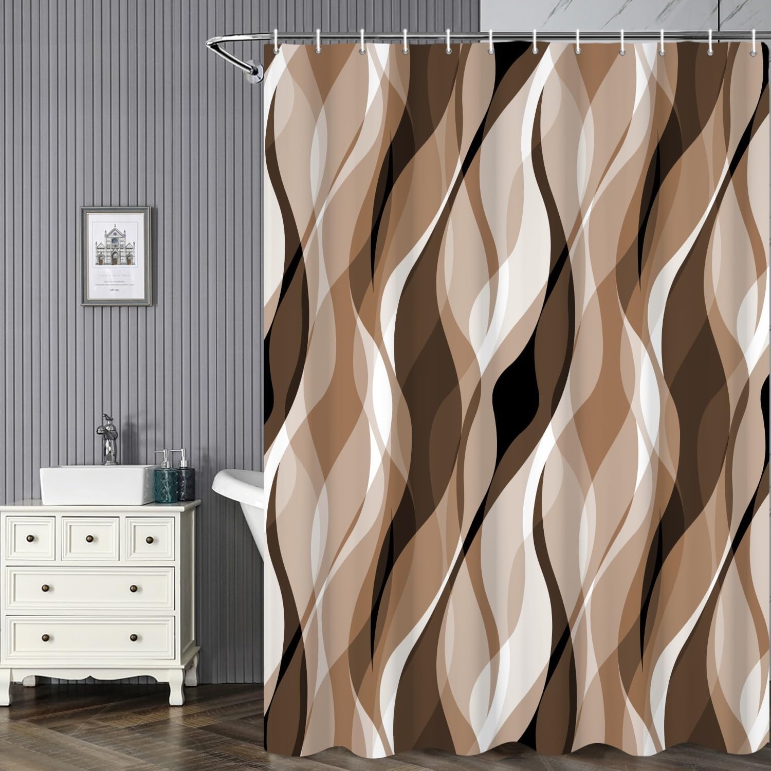 Brown Shower Curtain, Modern Abstract Grey and Brown Striped Shower Curtain Set for Bathroom Waterproof Tan Shower Curtain with Hooks, 72x72 Inch - Image 2