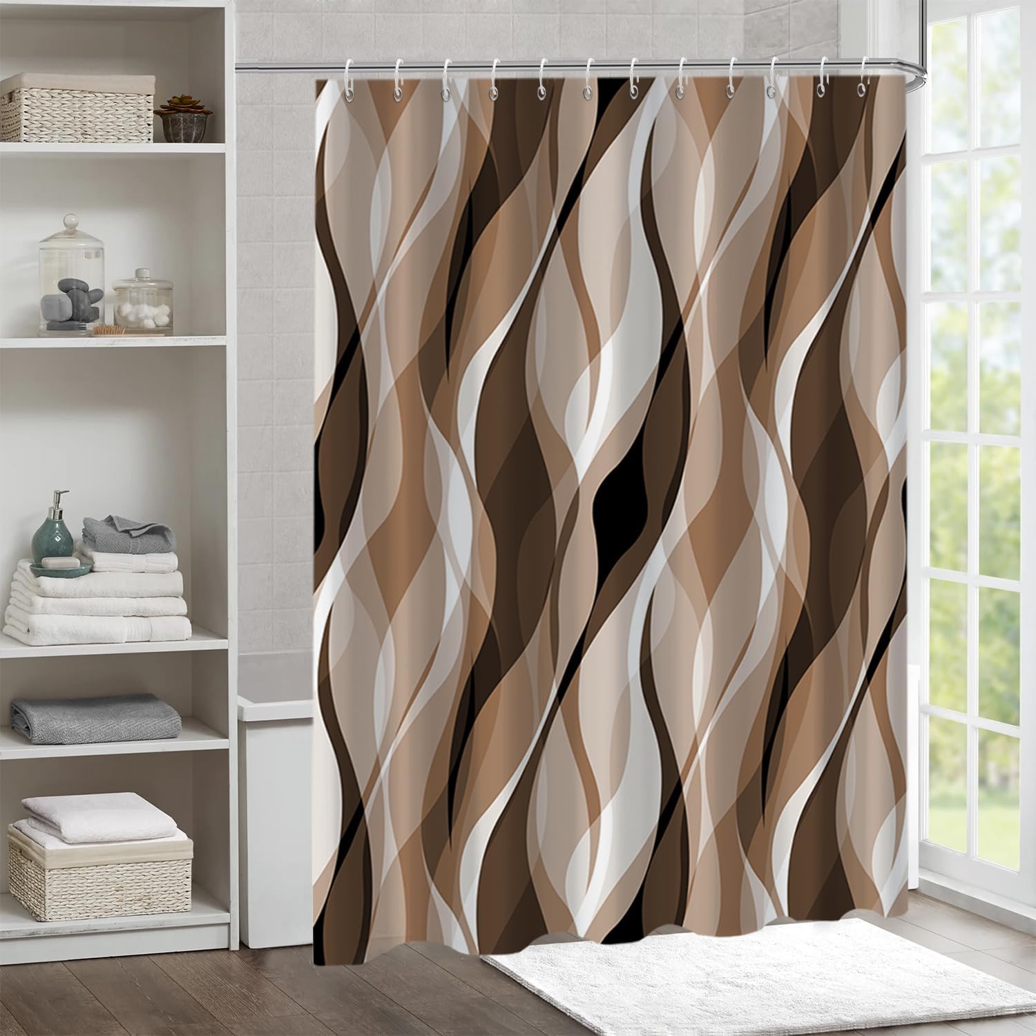 Brown Shower Curtain, Modern Abstract Grey and Brown Striped Shower Curtain Set for Bathroom Waterproof Tan Shower Curtain with Hooks, 72x72 Inch - Image 3