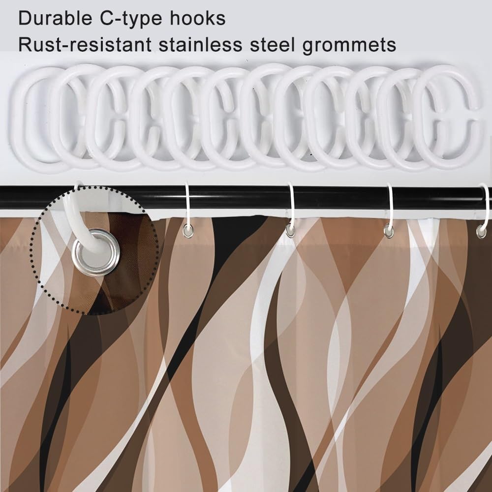 Brown Shower Curtain, Modern Abstract Grey and Brown Striped Shower Curtain Set for Bathroom Waterproof Tan Shower Curtain with Hooks, 72x72 Inch - Image 5