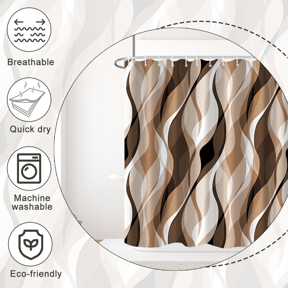 Brown Shower Curtain, Modern Abstract Grey and Brown Striped Shower Curtain Set for Bathroom Waterproof Tan Shower Curtain with Hooks, 72x72 Inch - Image 6