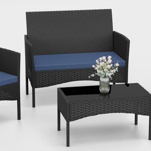 Kurapika Patio Furniture Set 4 Pieces Outdoor Wicker Rattan Chairs Conversation Sets w/Coffee Table, Rocking Bistro Set, for Patio Lawn Backyard (Navy Blue)