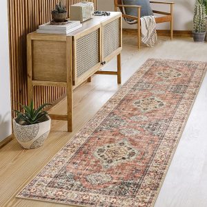 Lahome Oriental Washable Kitchen Runner Rug Non Slip, 2x8 Runners for Hallways with Rubber Backing, Vintage Soft Long Carpet for Bathroom Laundry Bedroom, Peach/Orange